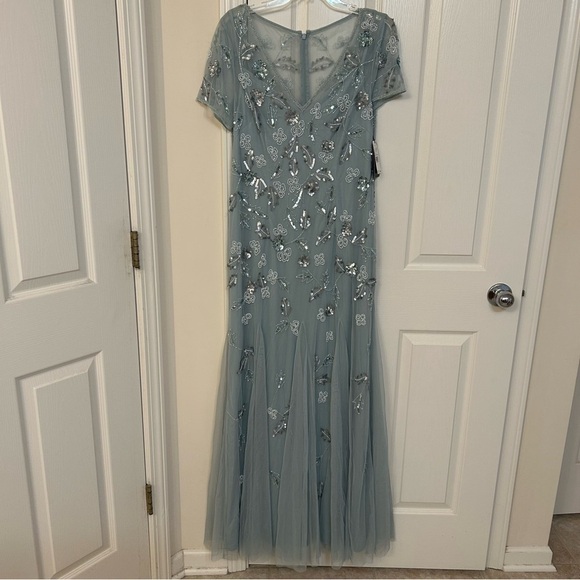 ADRIANNA PAPELL V-Neck Short Sleeve Illusion Beaded Gown in Aqua Dust - Picture 6 of 12